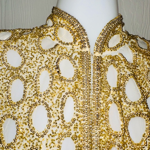 NWT Breathtaking Vtg Krishma Handmade Ivory & Gold Beads Embellished Net Duster - Picture 3 of 16